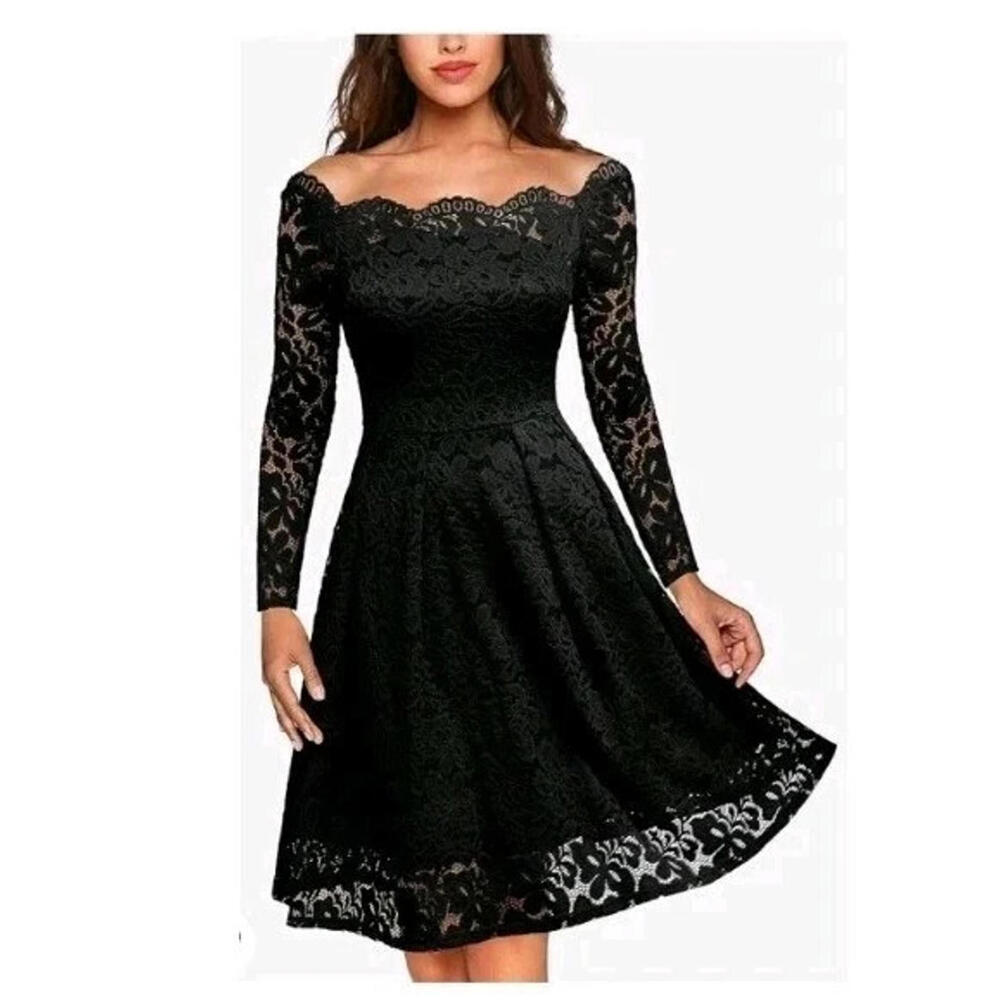 MISSMAY Women's Retro Floral Lace Long Sleeve Boat Neck Swing Dress Extra Small